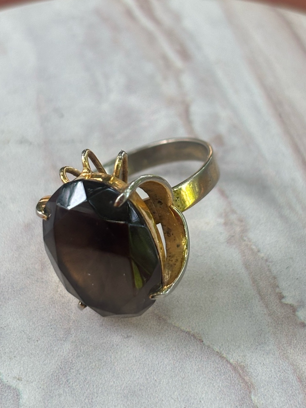 Vintage Sterling Silver Sz 6.5 Smoky Quartz Oval Statement Ring Large Gold Tone - Picture 9 of 10